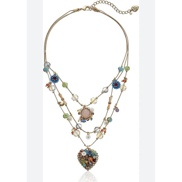 Flower  Heart Illusion Necklace Triple Chain  Boho Cottagecore NWT Retro Beaded - Picture 3 of 13